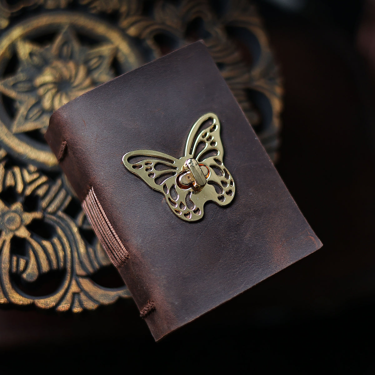 Vintage Butterfly Leather Pocket Journal – Hand-Stitched Mini Notebook
